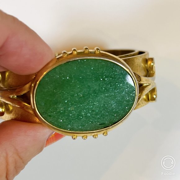 Estate Brass Cuff Hinged Bangle with Big Bold Green Goldstone — Excellent Used - Picture 3 of 13
